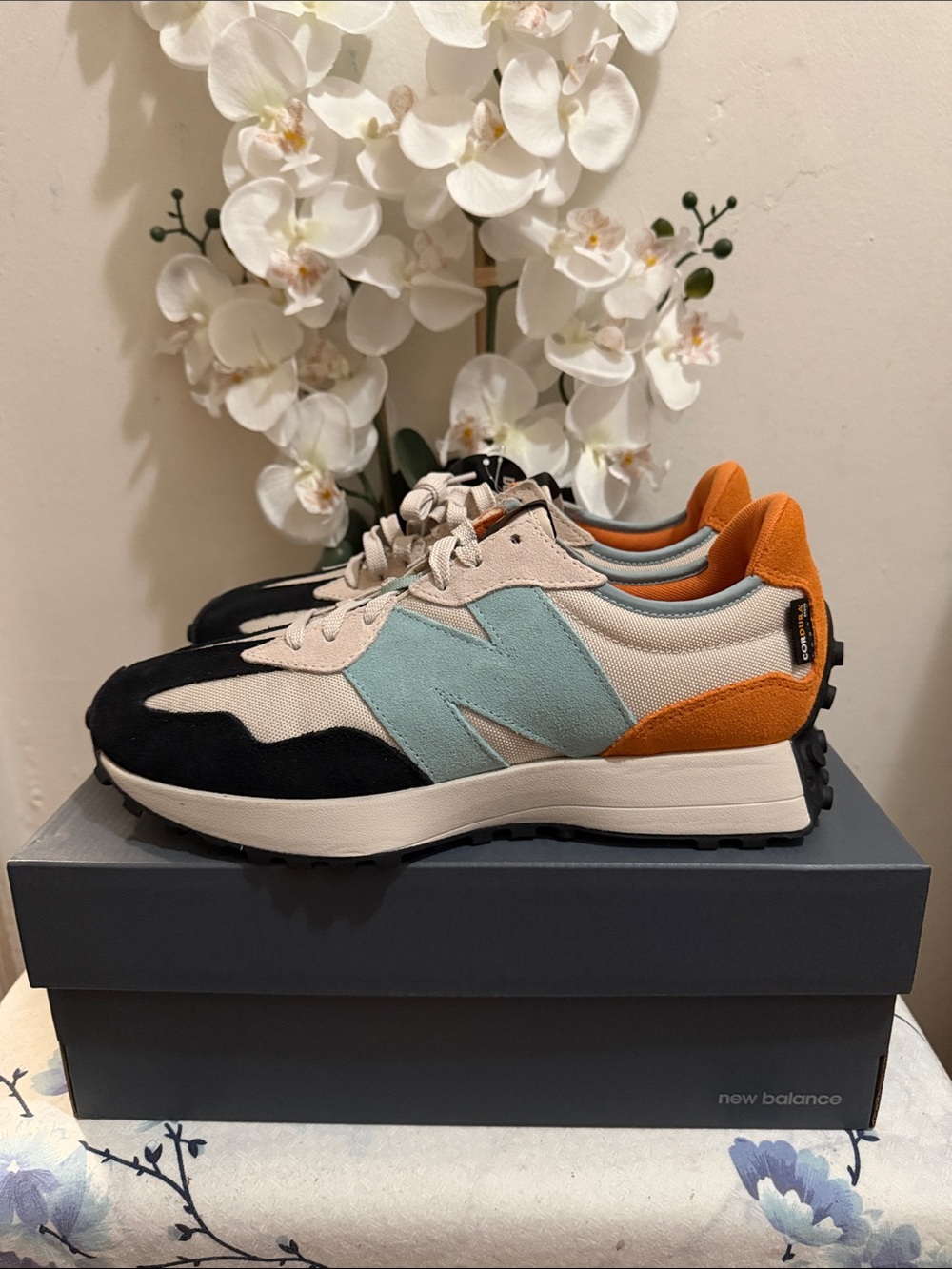 New Balance Men’s 327 Sneaker in Black, Light Blue, Cream & Orange